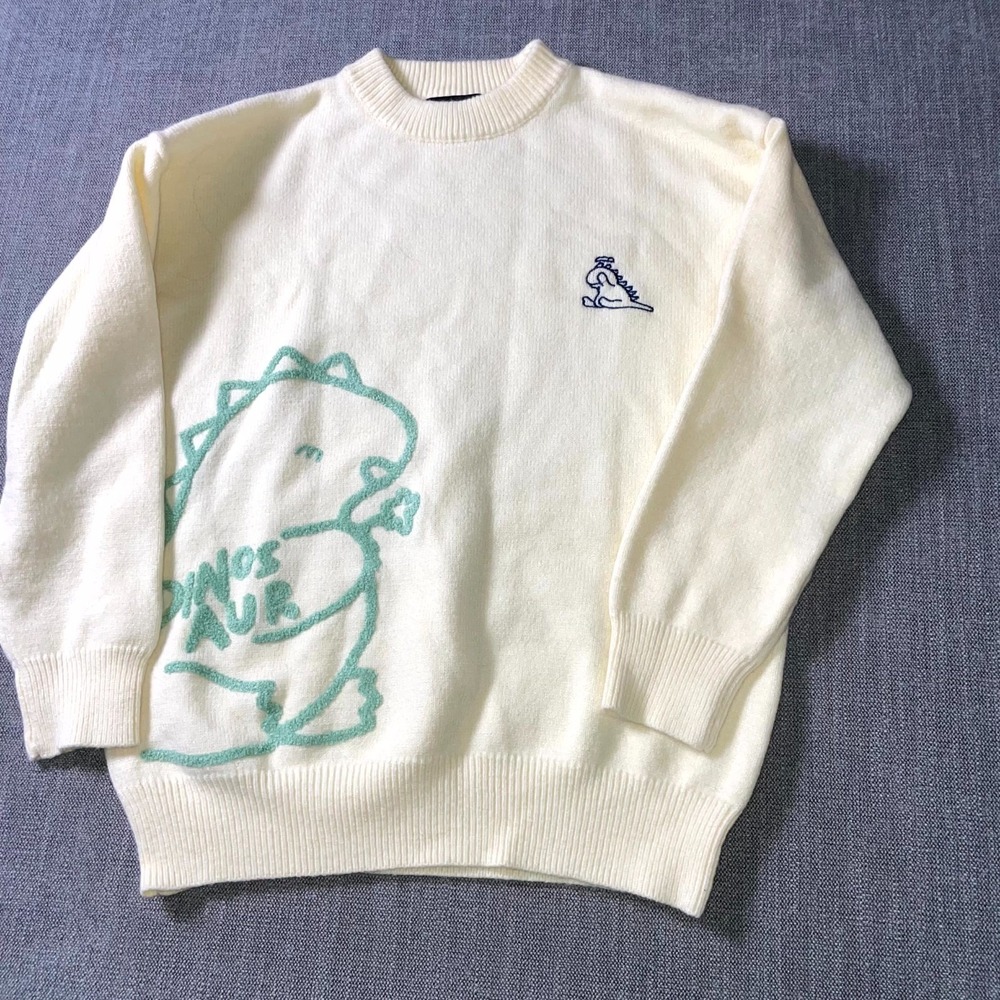 Cider Sweater Womens XS Beige Tight Knit Embroidered Dinosaur Oversized Ribbed